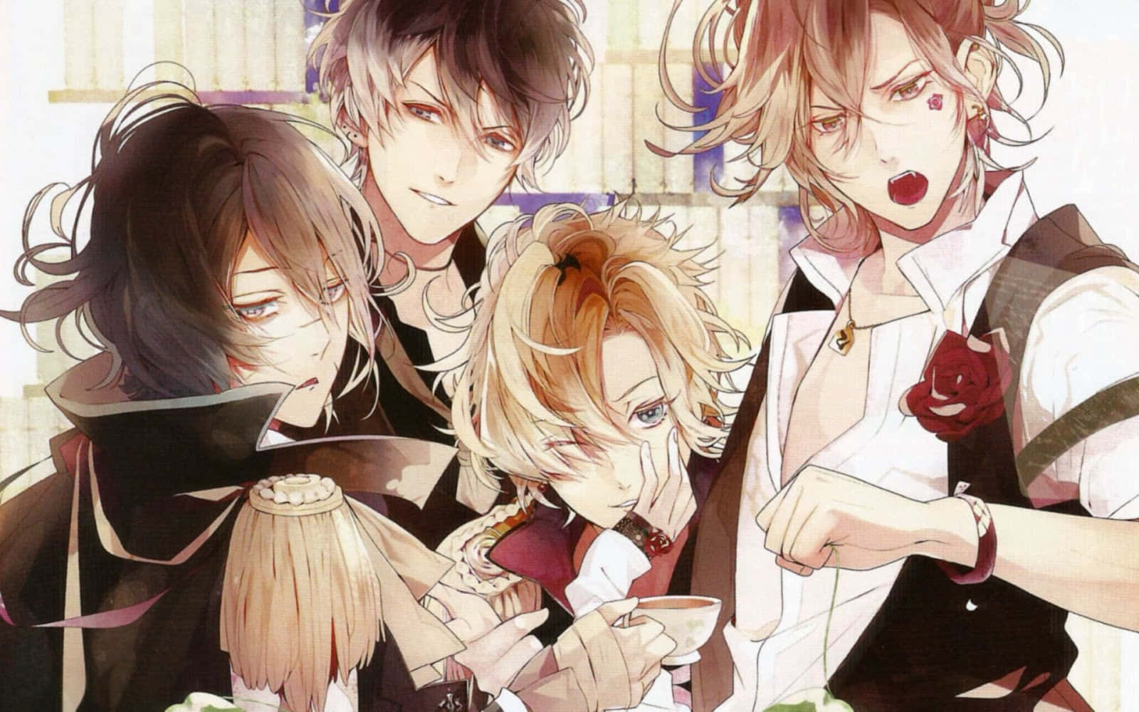 Diabolik Lovers 桌布 壁紙 — 四個表情豐富、衣著精緻的動漫角色在溫暖燈光的室內場景中緊密聚集。