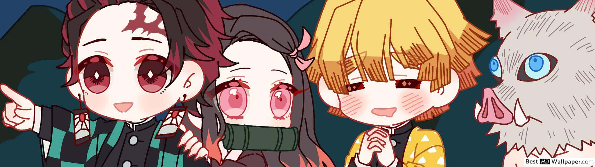 Demon Slayer Group 桌布 壁紙 — 四個表情豐富、設計可愛的Q版動漫角色站在深色背景上。
