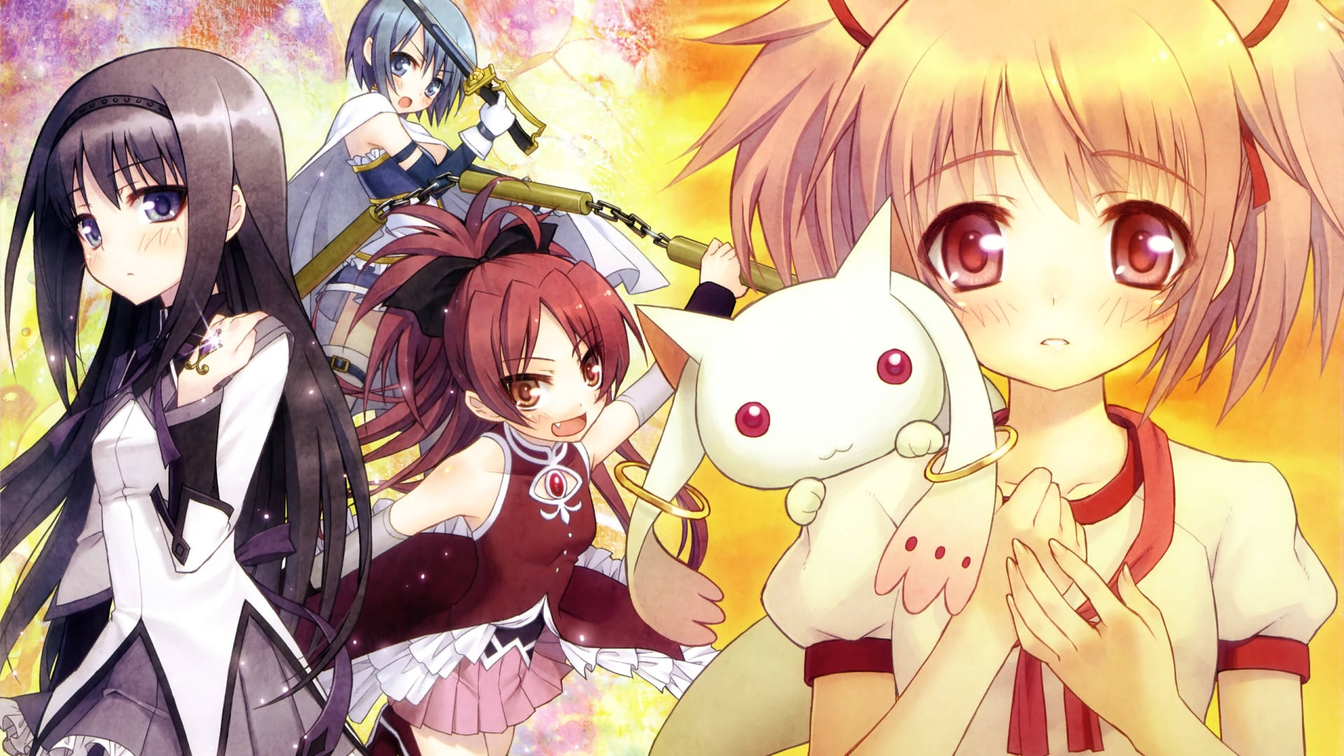 Madoka 桌布 壁紙 — 四個表情豐富、頭髮鮮豔的動漫女孩站在發光的金色背景前，其中一個抱著一隻白色的貓狀生物。