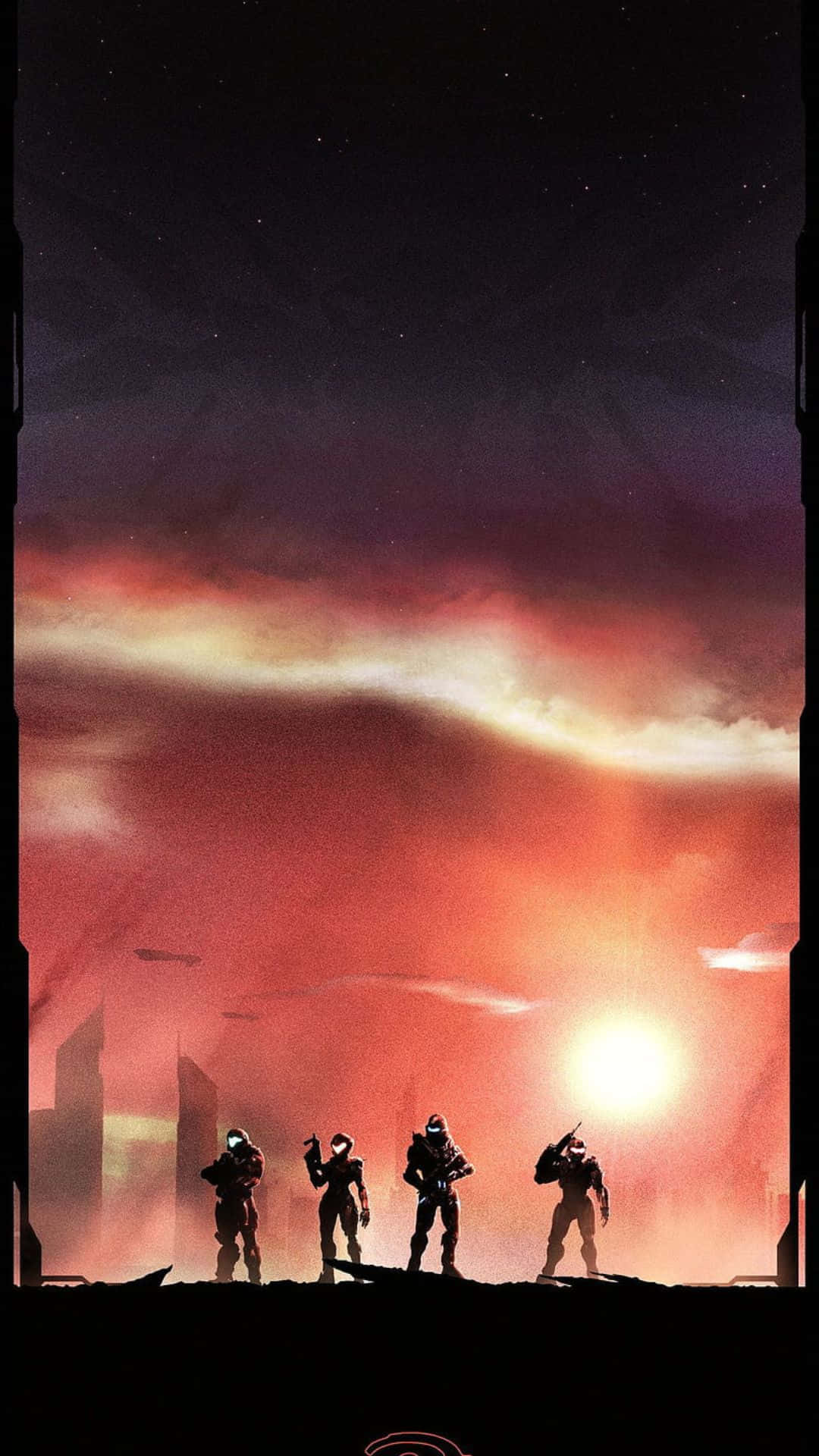 四個裝甲士兵在廢墟城市上，以鮮豔的外星日落為背景，形成剪影。 — Fire Emblem Warriors 壁紙