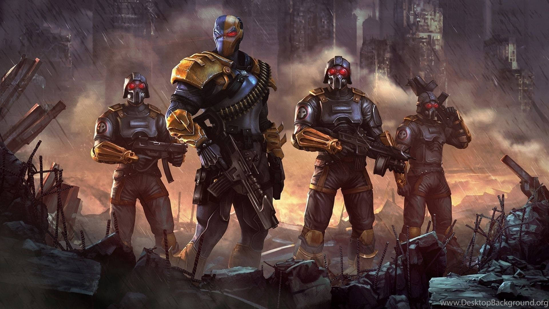 Deathstroke 桌布 壁紙 — 四個裝甲士兵，眼睛發出紅光，站在風暴天空下的廢墟城市景觀中。