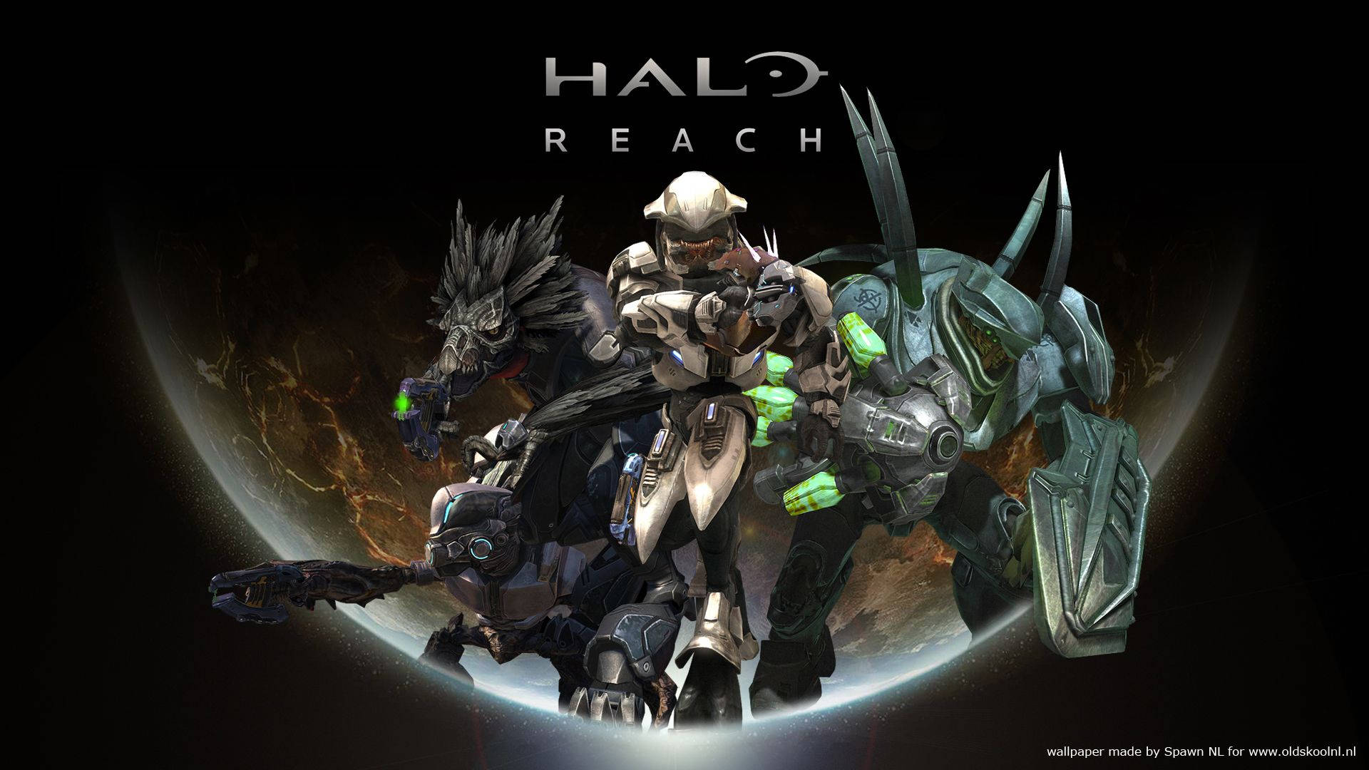 Reach 桌布 壁紙 — 四個裝甲戰士站在發光行星前，來自Halo Reach的黑暗宇宙場景。
