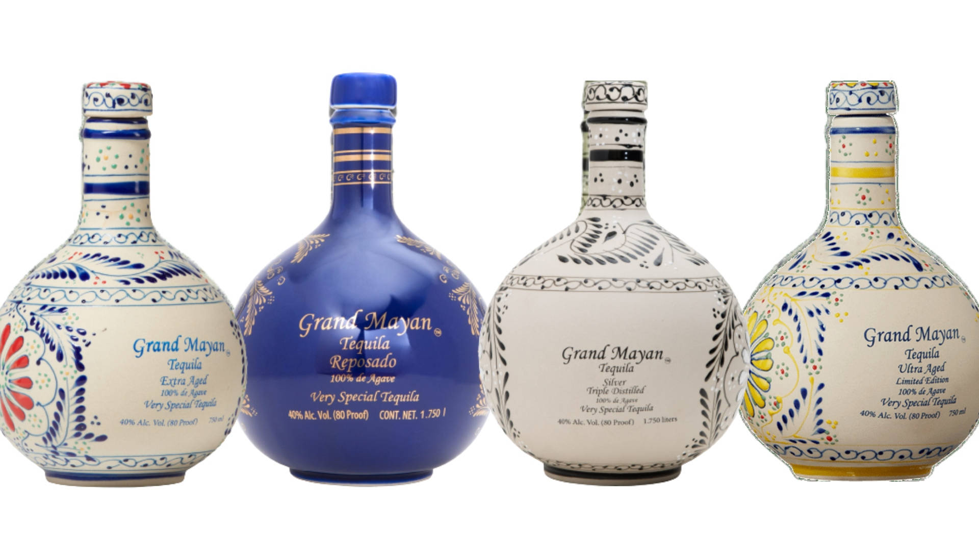 攝影 桌布 壁紙 — 四個裝飾華麗的Grand Mayan龍舌蘭酒瓶，設計和顏色各異，展示在白色背景上。