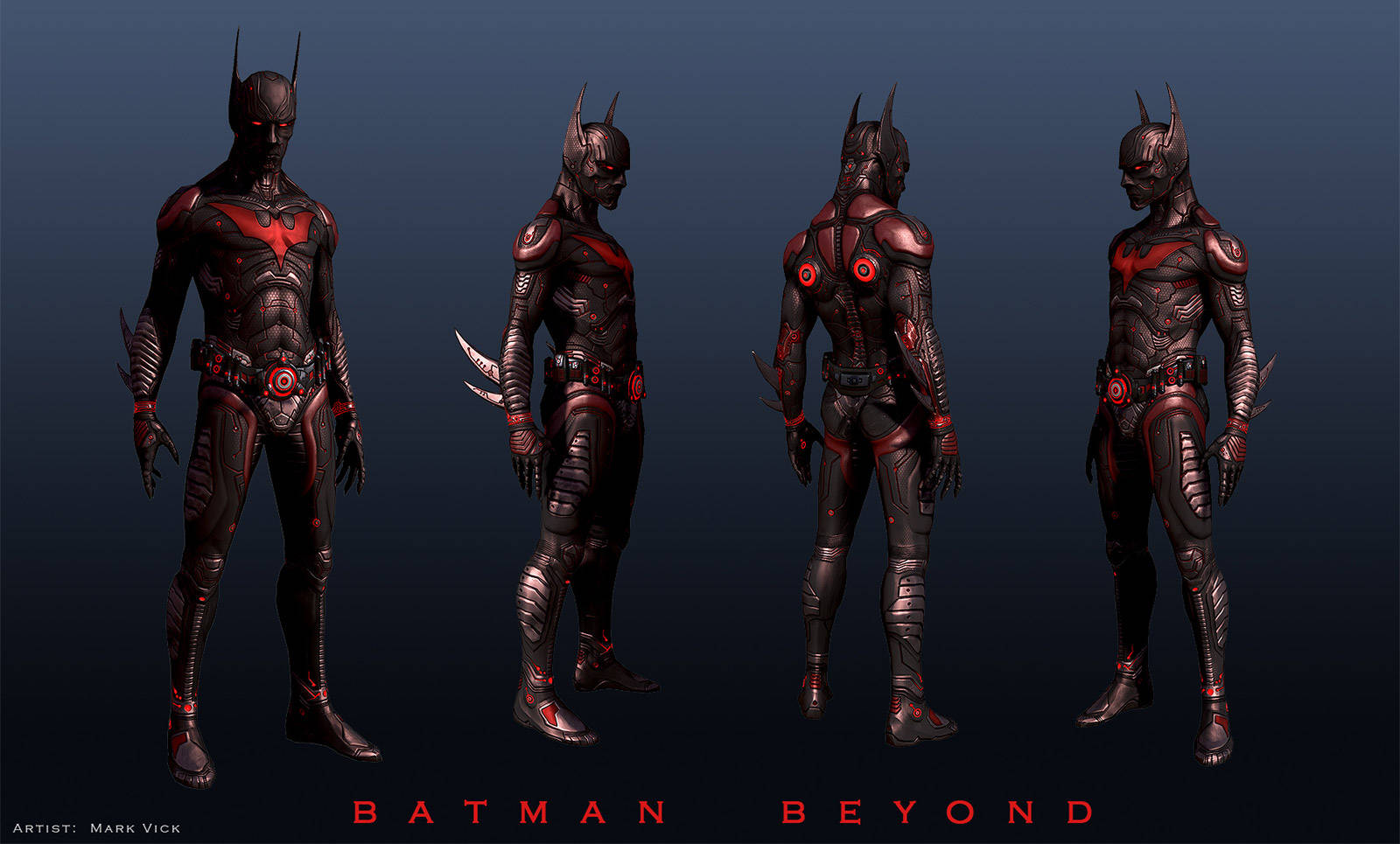 未來蝙蝠俠 桌布 壁紙 — 四個角度展示 Batman Beyond 穿著時尚的黑色和紅色裝甲服，背景為深色漸變。