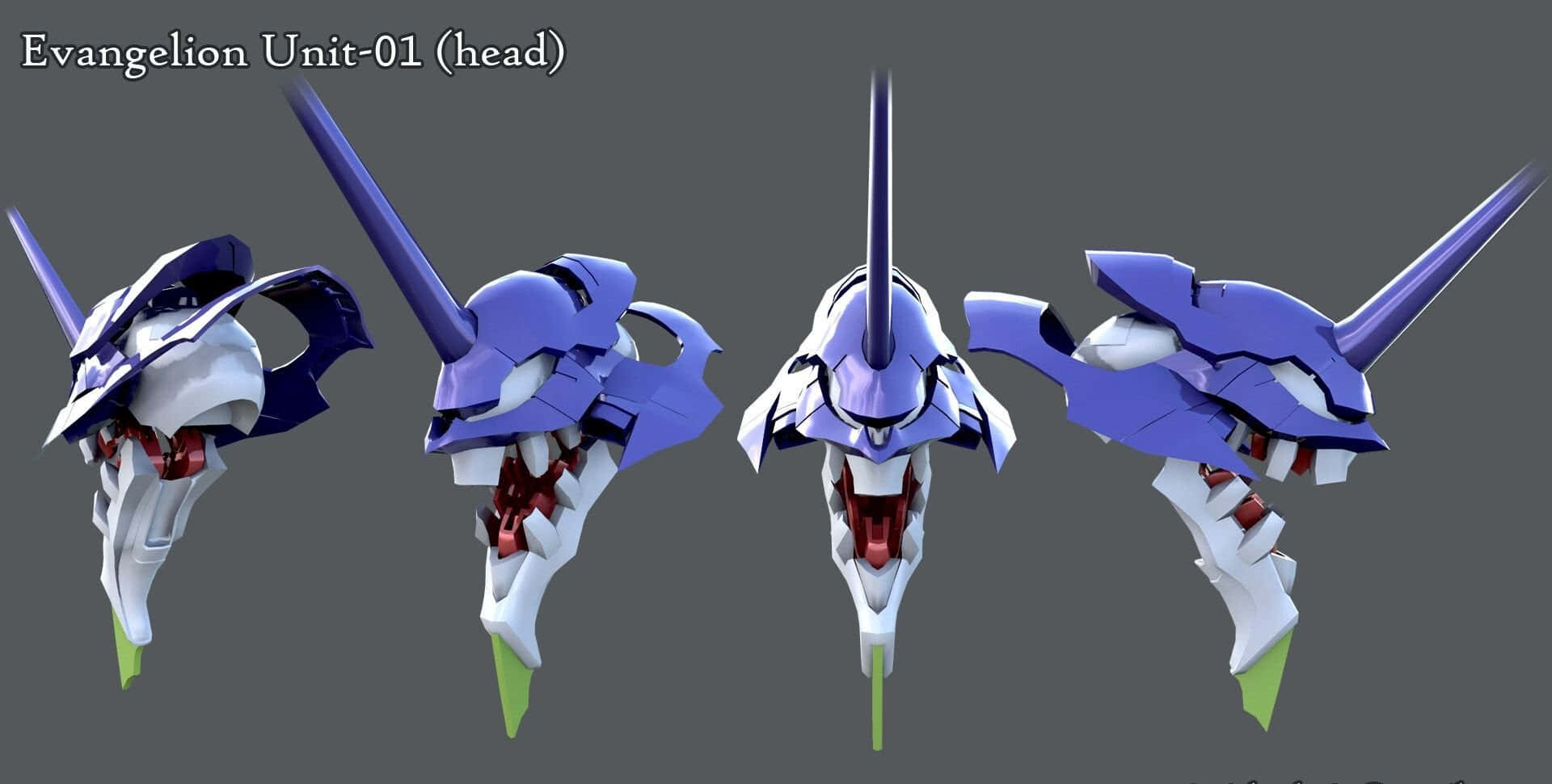 Eva 01 桌布 壁紙 — 四個角度展示 Evangelion Unit-01 頭部，呈現其銳利的藍白設計、紅色點綴和綠色腳部，背景為灰色。