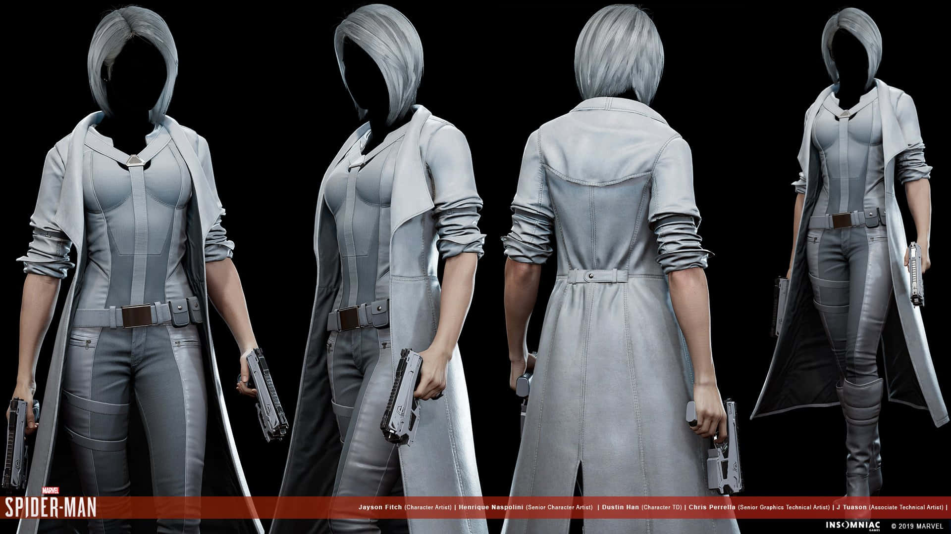 Silver Sable 桌布 壁紙 — 四個角度展示一位戴帽子的女性角色，身穿灰色戰術裝備，手持手槍，背景為黑色。