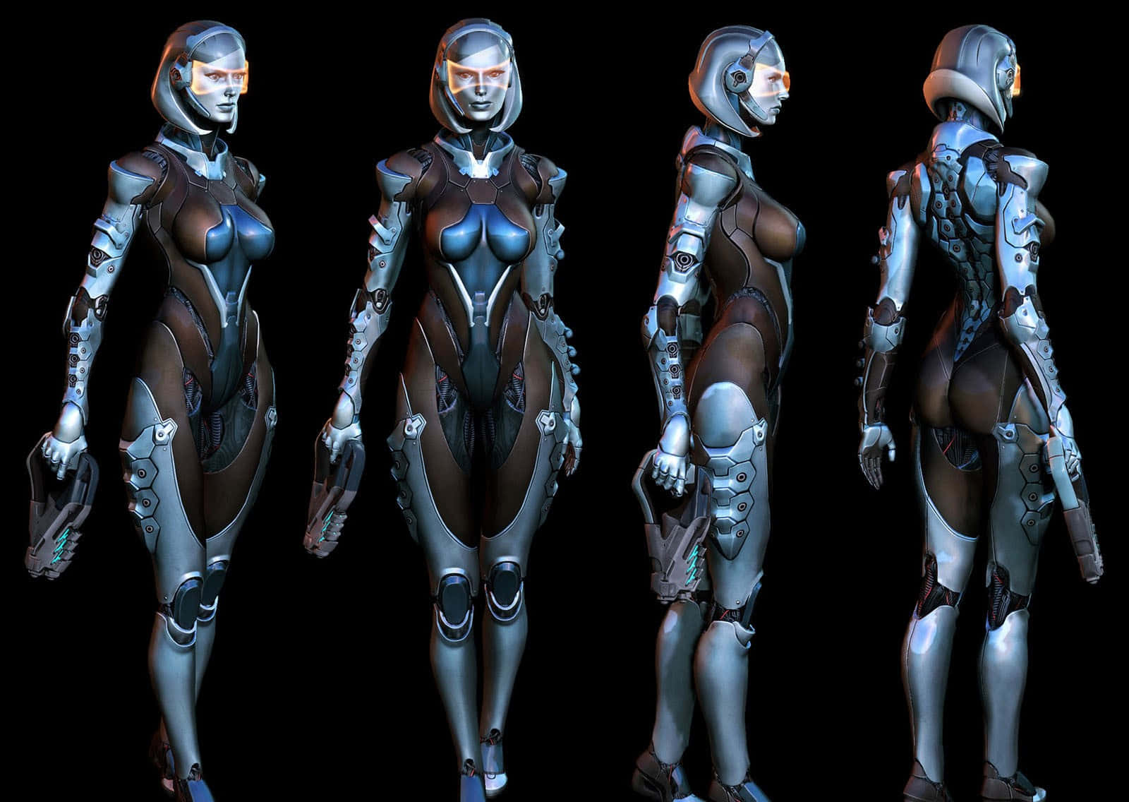 Mass Effect Edi 桌布 壁紙 — 四個角度展示一位身穿時尚銀棕色裝甲的女性賽博格戰士，背景為黑色。