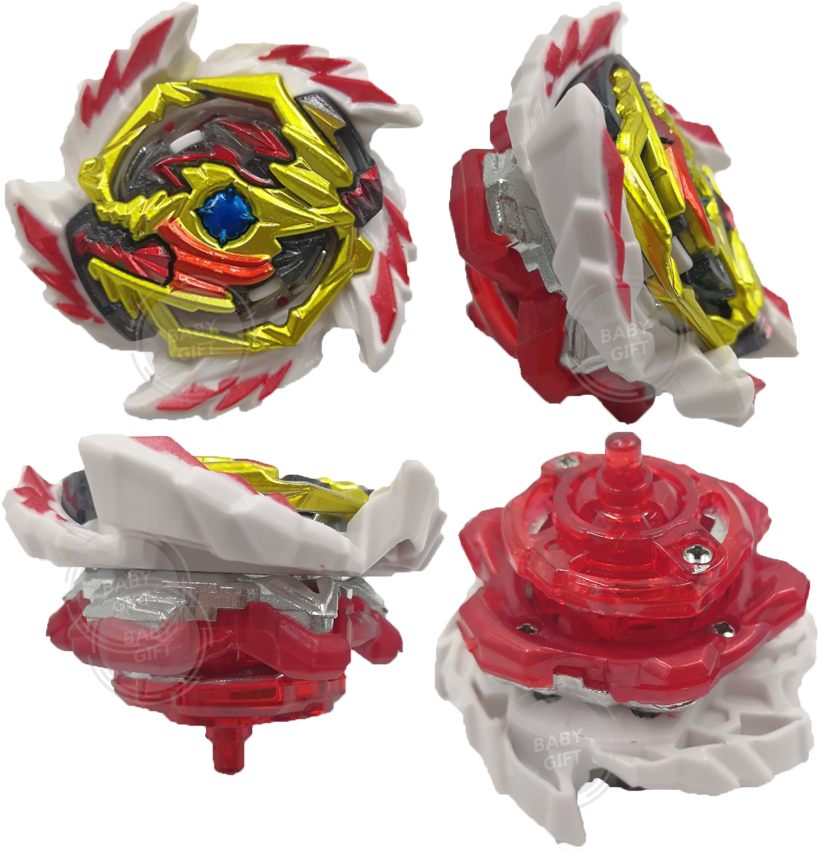 Beyblade 桌布 壁紙 — 四個角度展示一個紅、白、金色的Beyblade玩具，帶有複雜的機械細節和藍色中心。