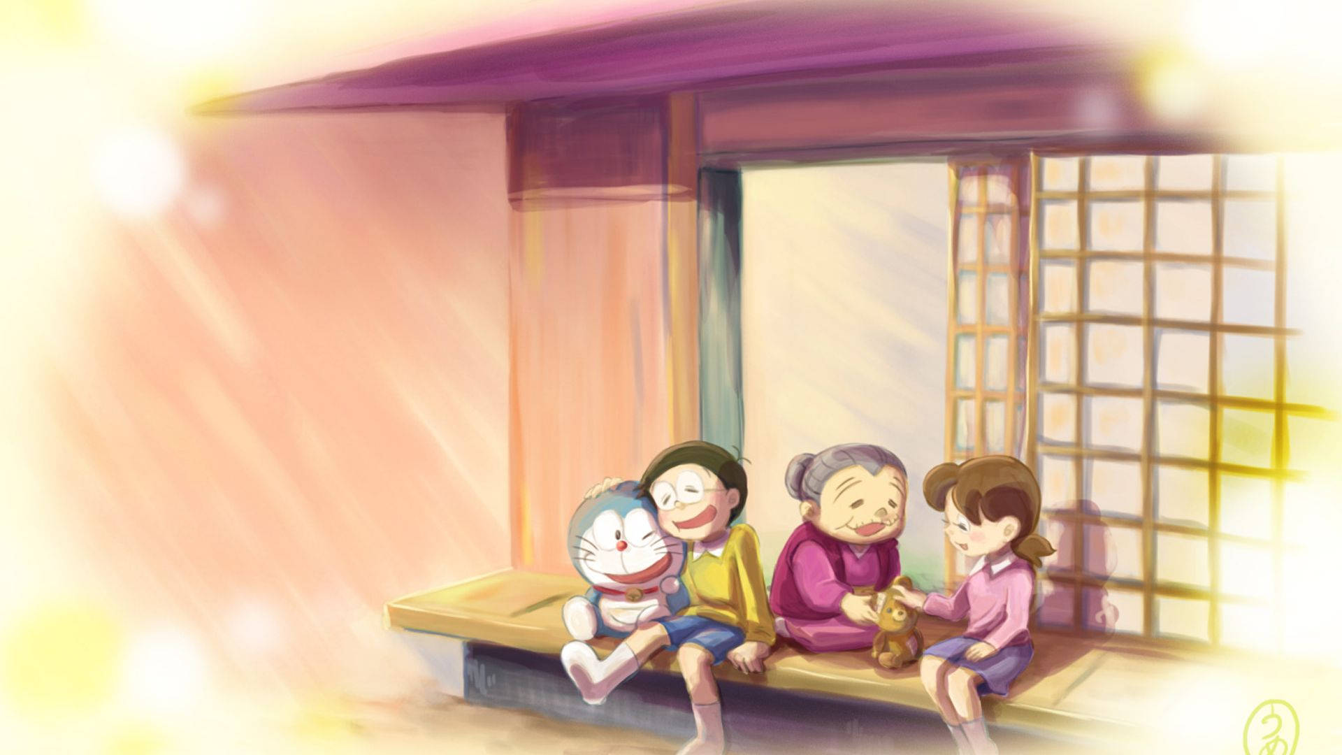 nobita 桌布 壁紙 — 四個角色包括哆啦A夢一起坐在一個溫暖照明的傳統日式房間內的木凳上，陽光透過障子門照射進來。