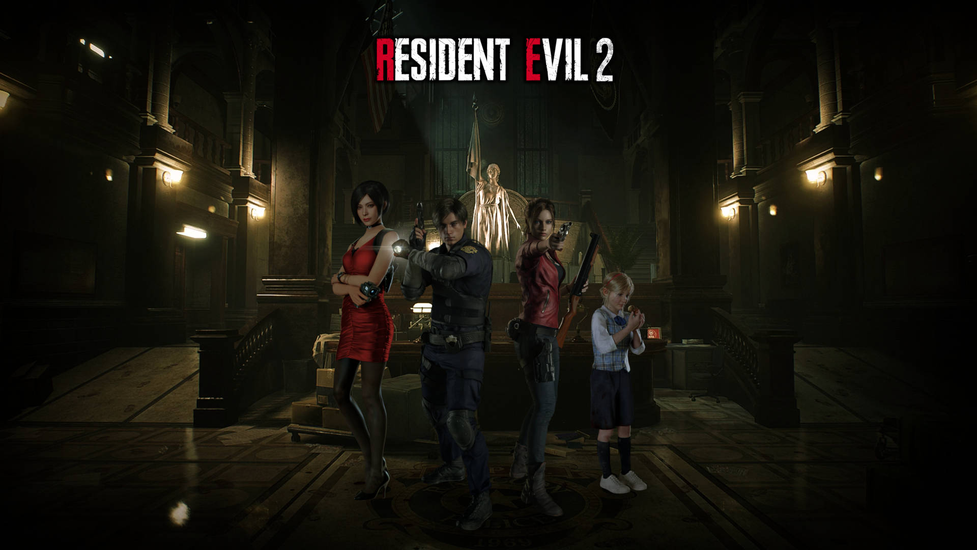 evil 桌布 壁紙 — 四個角色在《惡靈古堡2》昏暗的哥德式大廳中保持警覺，背景中有一個殭屍。