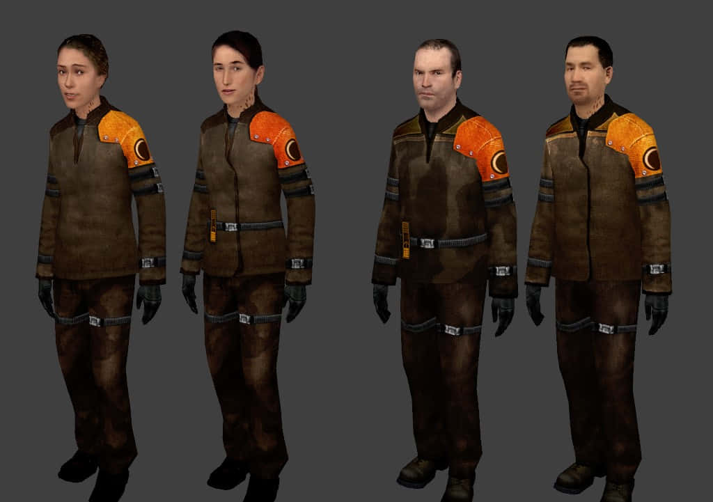 Half-life Characters 桌布 壁紙 — 四個角色穿著相配的棕色和橙色科幻制服，站在純灰色背景前。