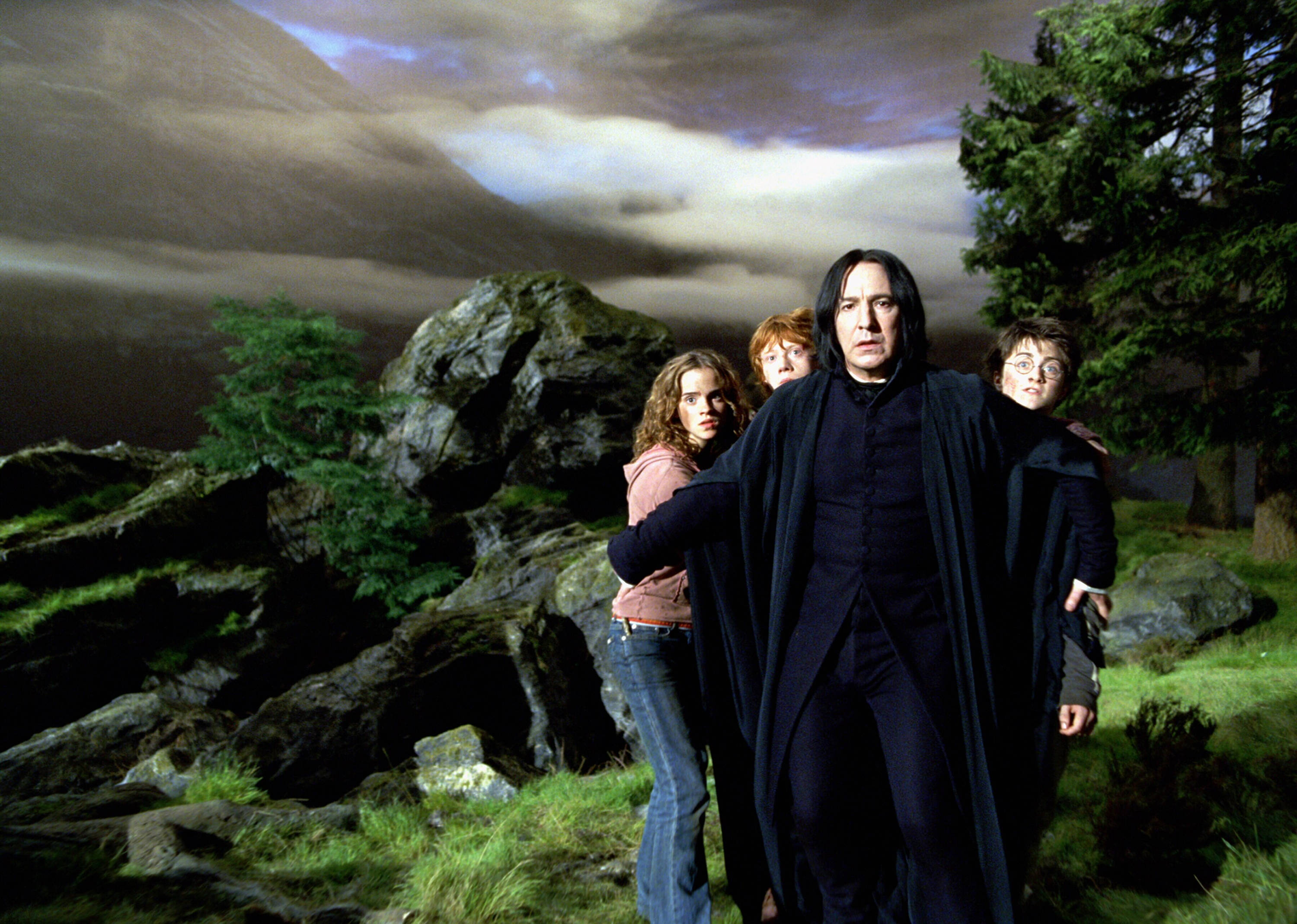 Severus Snape 桌布 壁紙 — 四個角色站在霧氣瀰漫的山地景觀中，有岩石地形和常綠樹木，天空多雲。