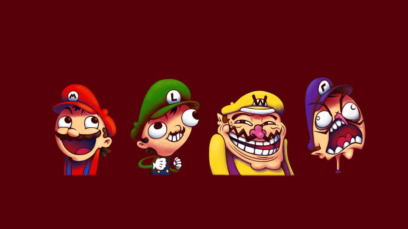 Troll Face 桌布 壁紙 — 四個誇張的卡通角色帶著狂野的表情，站在深紅色背景前。