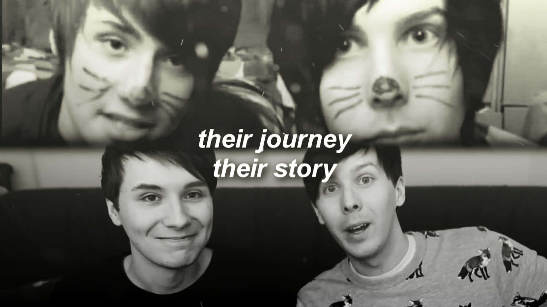 dan and phil 桌布 壁紙 — 四個貓臉年輕男子微笑並看著相機，黑白照片拼貼，帶文字疊加。