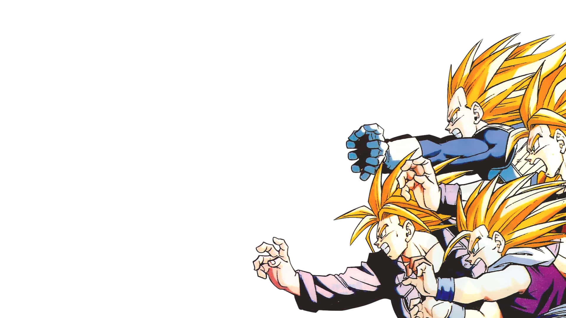 Dragon Ball Z Trunks 桌布 壁紙 — 四個超級賽亞人動畫角色在純白背景上擺出動態戰鬥姿勢。