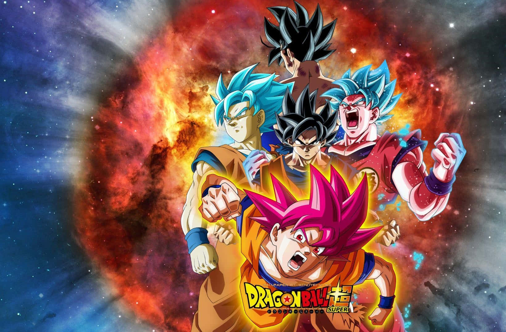 Saiyan Race 桌布 壁紙 — 四個超級賽亞人角色在熾熱的宇宙星雲背景下咆哮著力量。