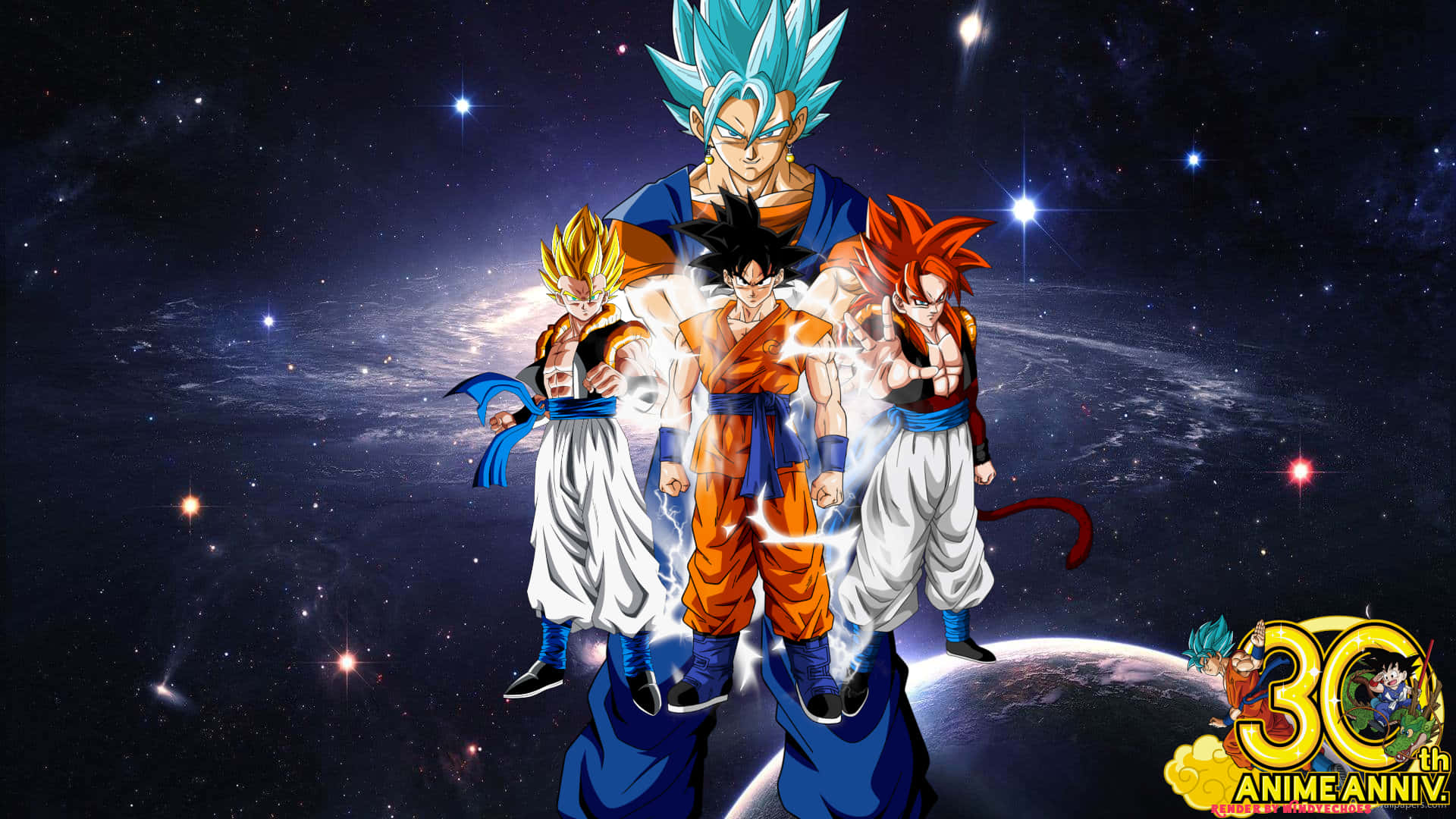 Gogeta And Vegito 桌布 壁紙 — 四個超級賽亞人角色英雄地站在星空宇宙背景下，下方有一個行星。