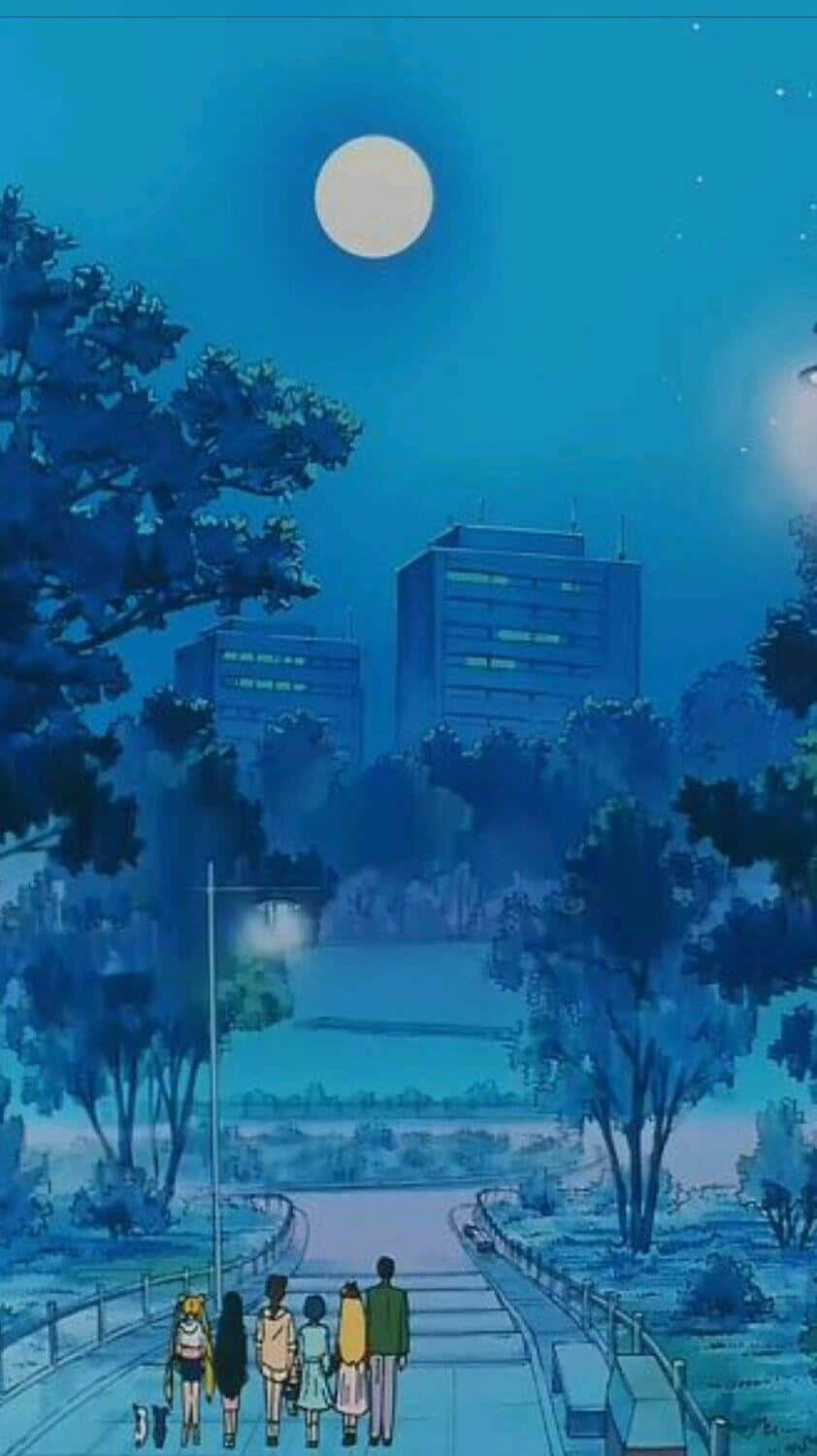 夜空 桌布 壁紙 — 四個身影在月光照耀的城市橋樑上行走，周圍環繞著樹木和發光的建築物，背景是深藍色的夜空。
