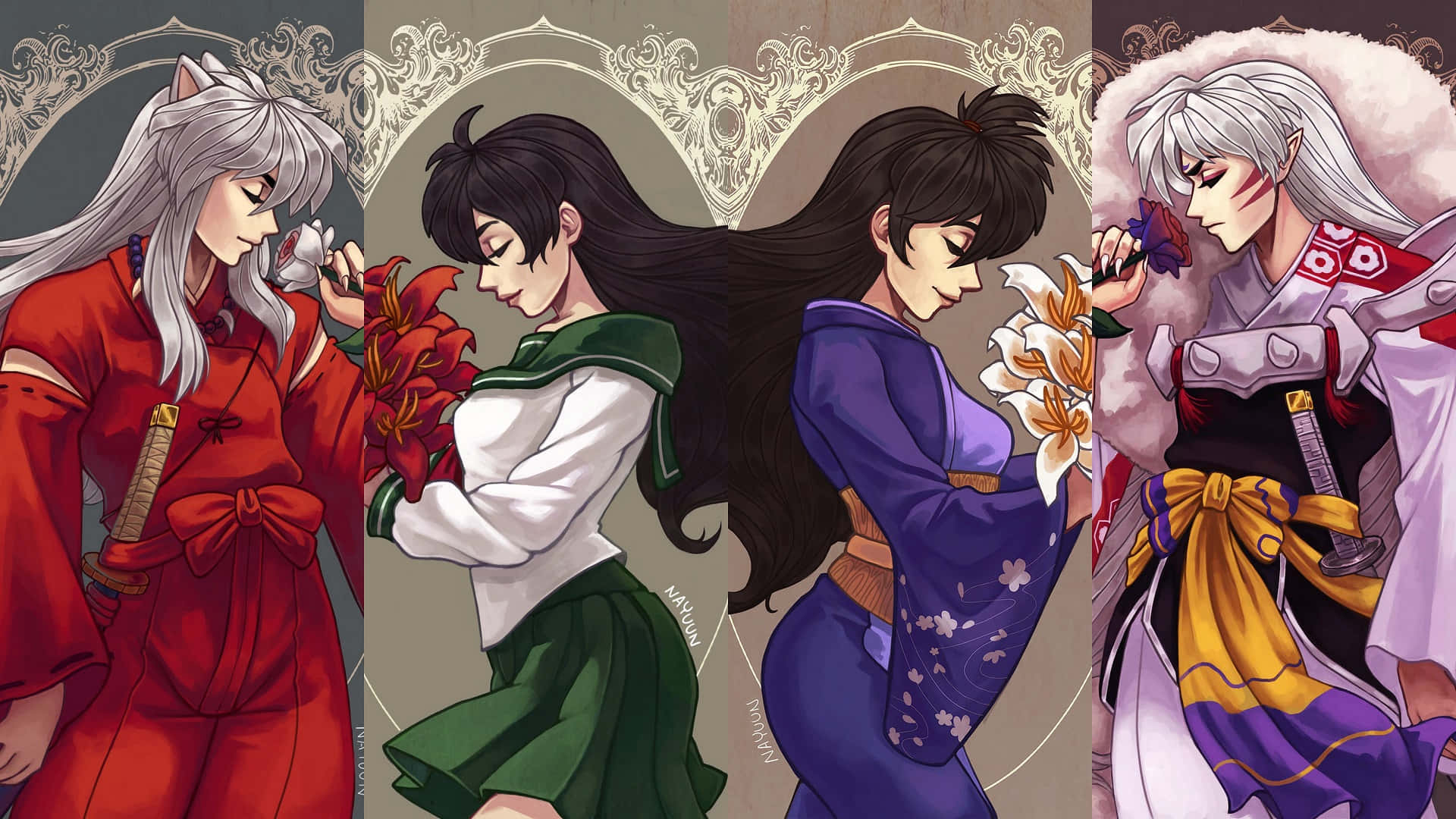 Inuyasha And Rin 桌布 壁紙 — 四個身穿傳統日本服飾的動漫角色，在華麗的拱形背景前手持鮮花。
