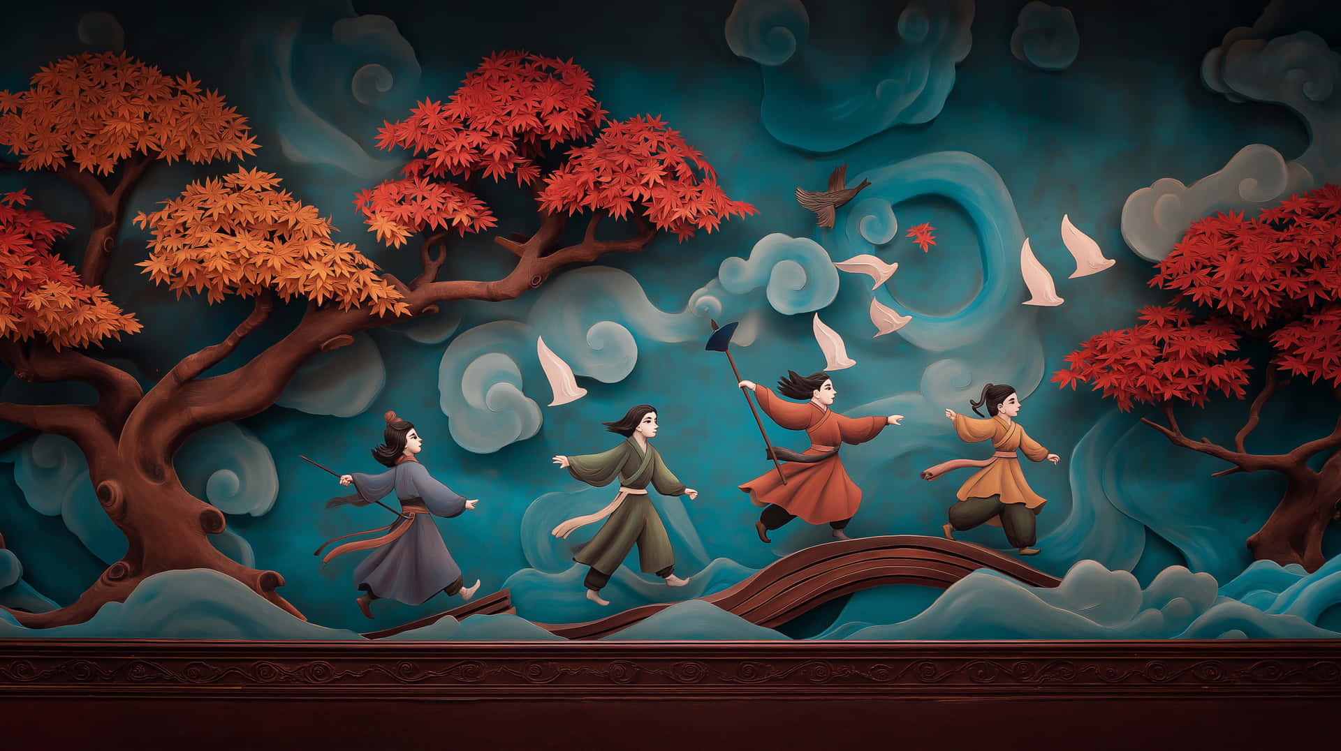 Folktale Journey 壁紙 — 四個身穿傳統長袍的人物在鮮紅的楓樹下，以旋轉的青綠色雲彩為背景，大步走過一座木橋。