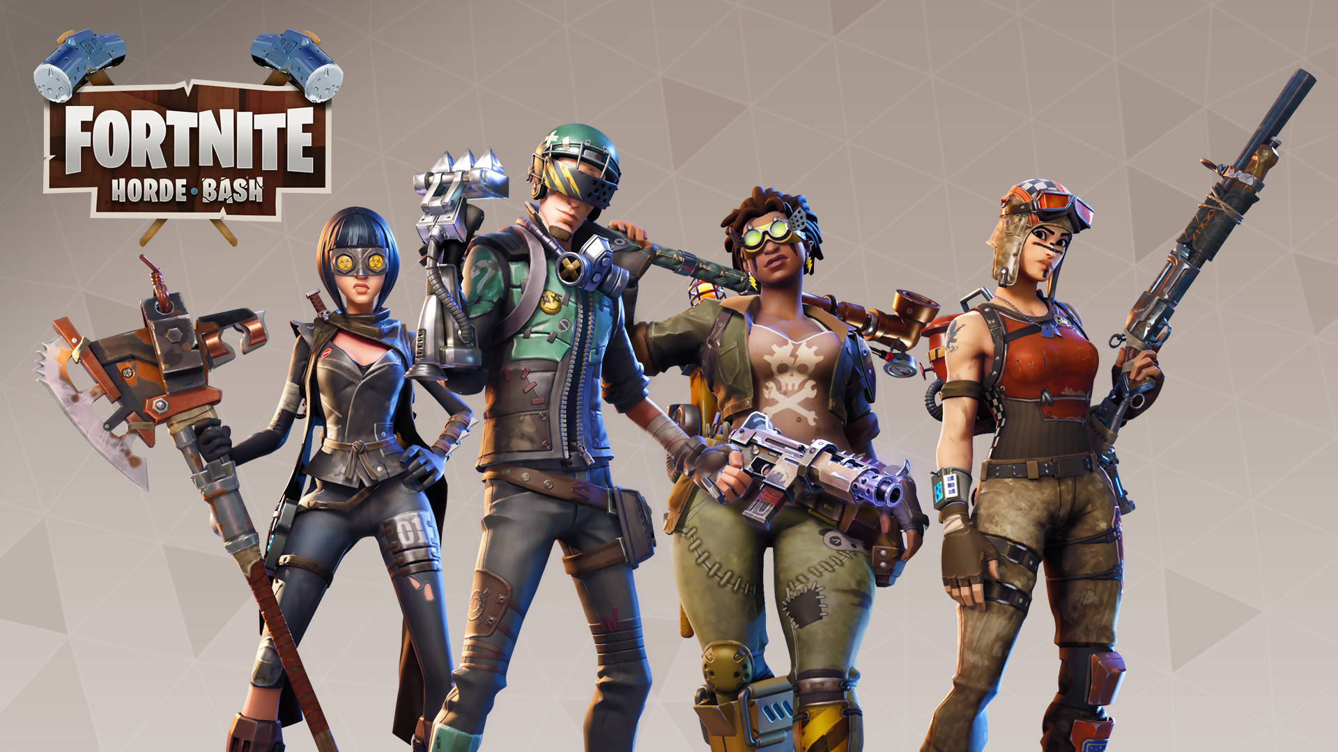 Fortnite 桌布 壁紙 — 四個身穿戰鬥裝備的Fortnite Horde Bash角色在幾何灰色背景前擺姿勢，手持重型武器。