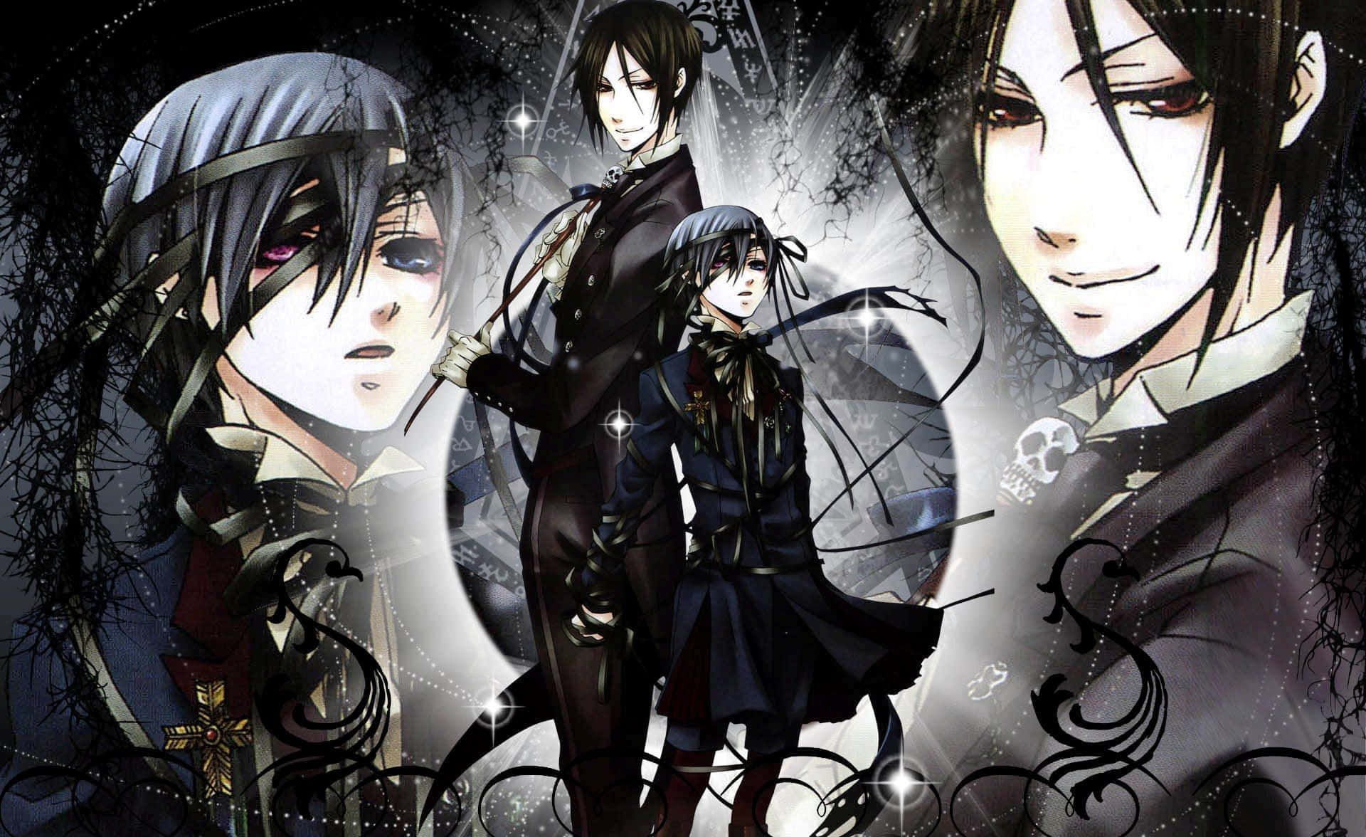 Black Butler 桌布 壁紙 — 四個身穿暗黑哥德式服裝的動漫角色，在陰暗背景下，立於旋轉的黑藤蔓和發光粒子之中。