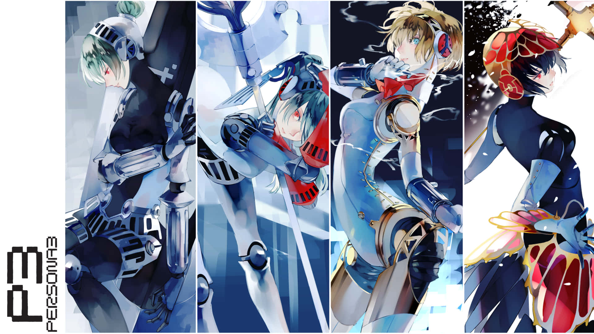 Anime Collage 桌布 壁紙 — 四個身穿未來盔甲的動漫角色在清涼的藍白背景下動態擺姿勢。