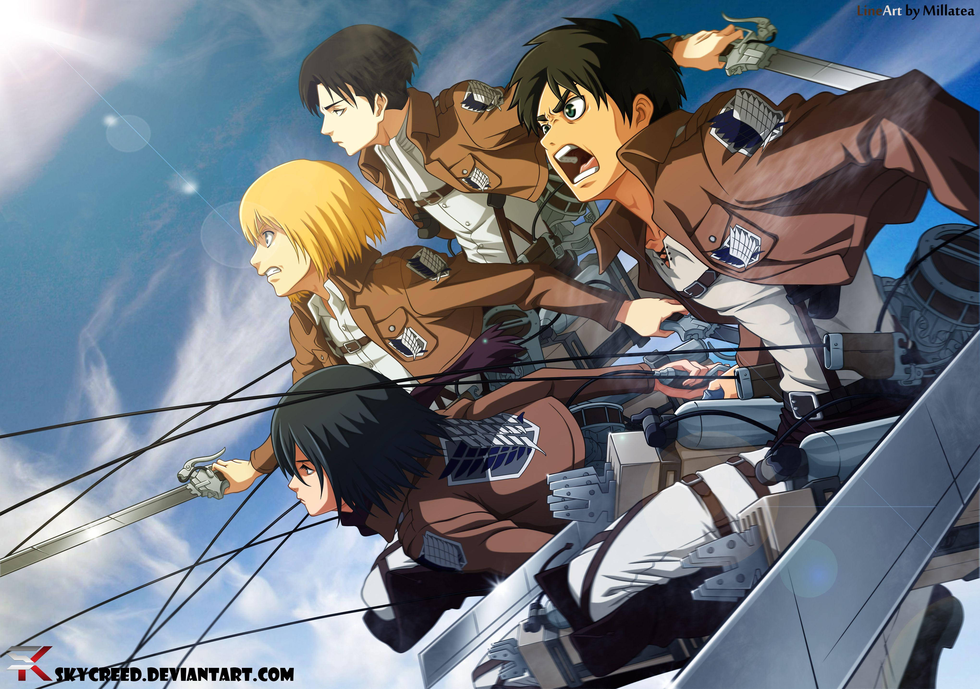 Mikasa 桌布 壁紙 — 四個身穿棕色制服的動畫角色，使用機動裝置並拔出劍，跳過明亮的藍天。