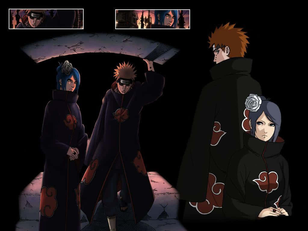 Yahiko 桌布 壁紙 — 四個身穿深色斗篷、帶有紅色雲朵符號的動漫角色，站在燈光昏暗、不祥的場景中，嵌入面板顯示出強烈的表情。