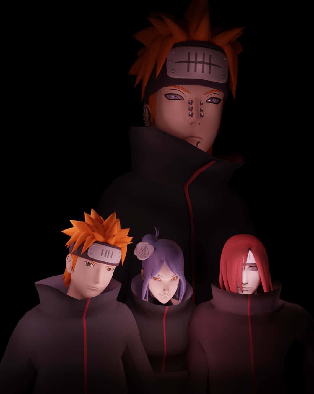 Akatsuki Yahiko 桌布 壁紙 — 四個身穿深色斗篷、帶紅色飾邊的動漫角色站在黑色背景前，被柔和燈光照亮。