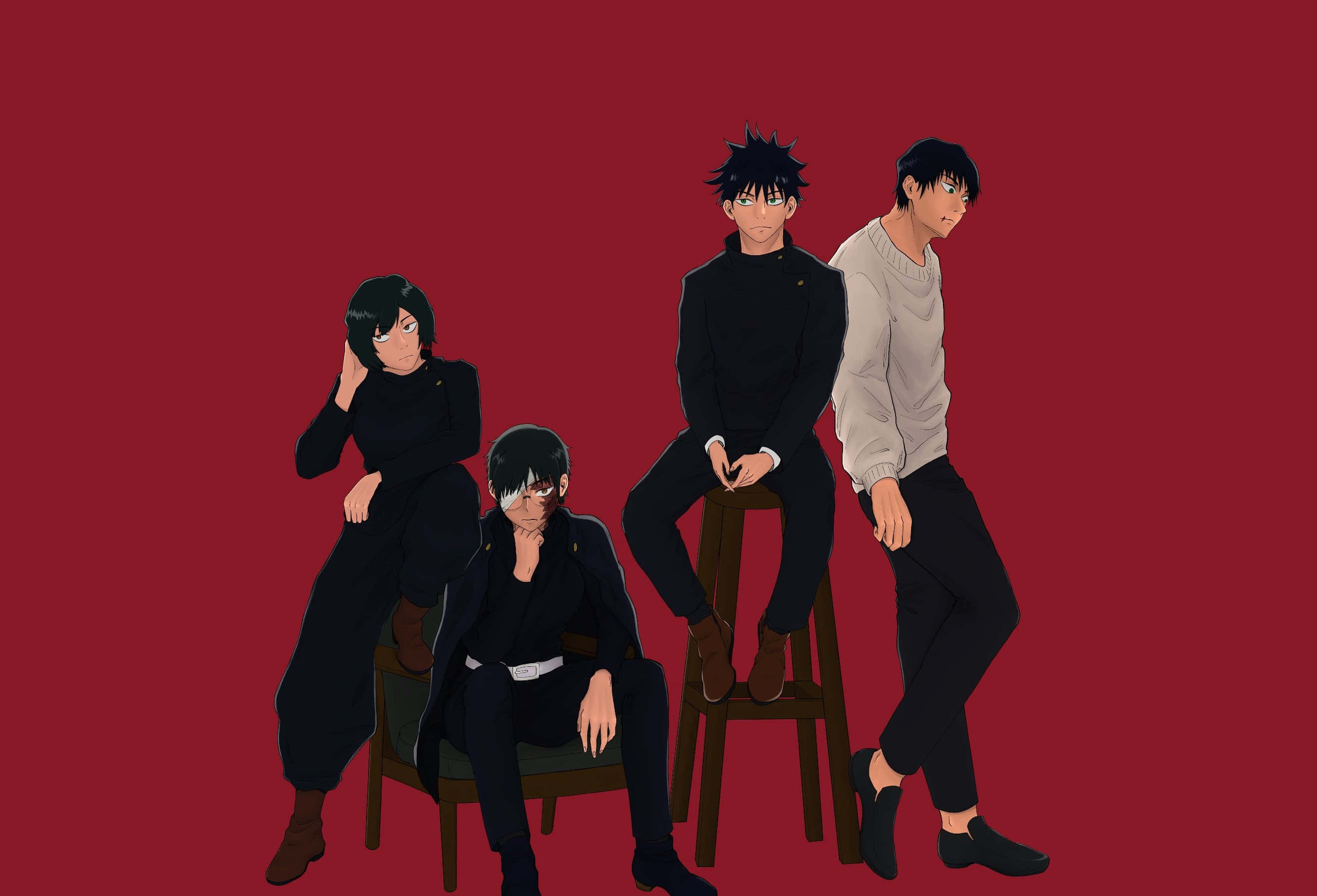 Toji Fushiguro 桌布 壁紙 — 四個身穿深色衣服的動漫角色，隨意地坐在凳子上，背景為純紅色。