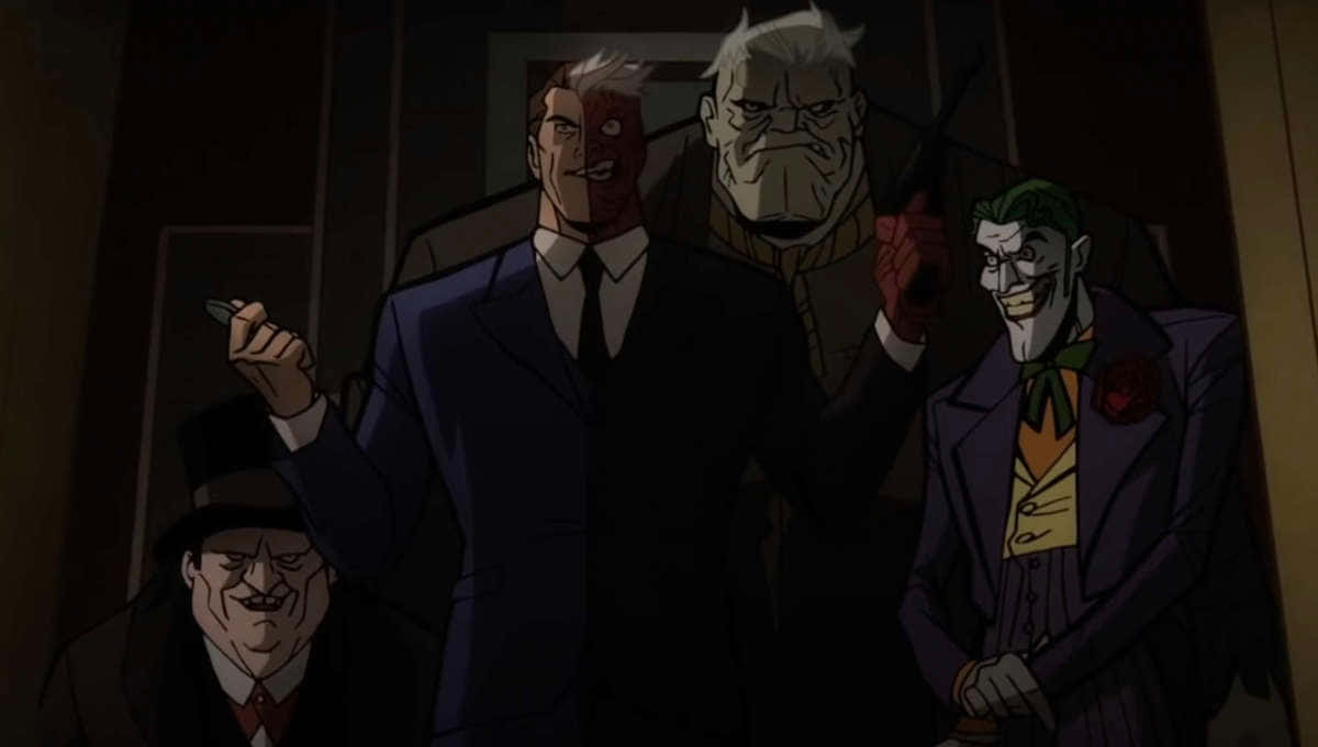 Batman The Long Halloween 桌布 壁紙 — 四個身穿深色西裝的威脅性動畫反派站在陰暗的房間裡，表情緊張，武器已拔出。