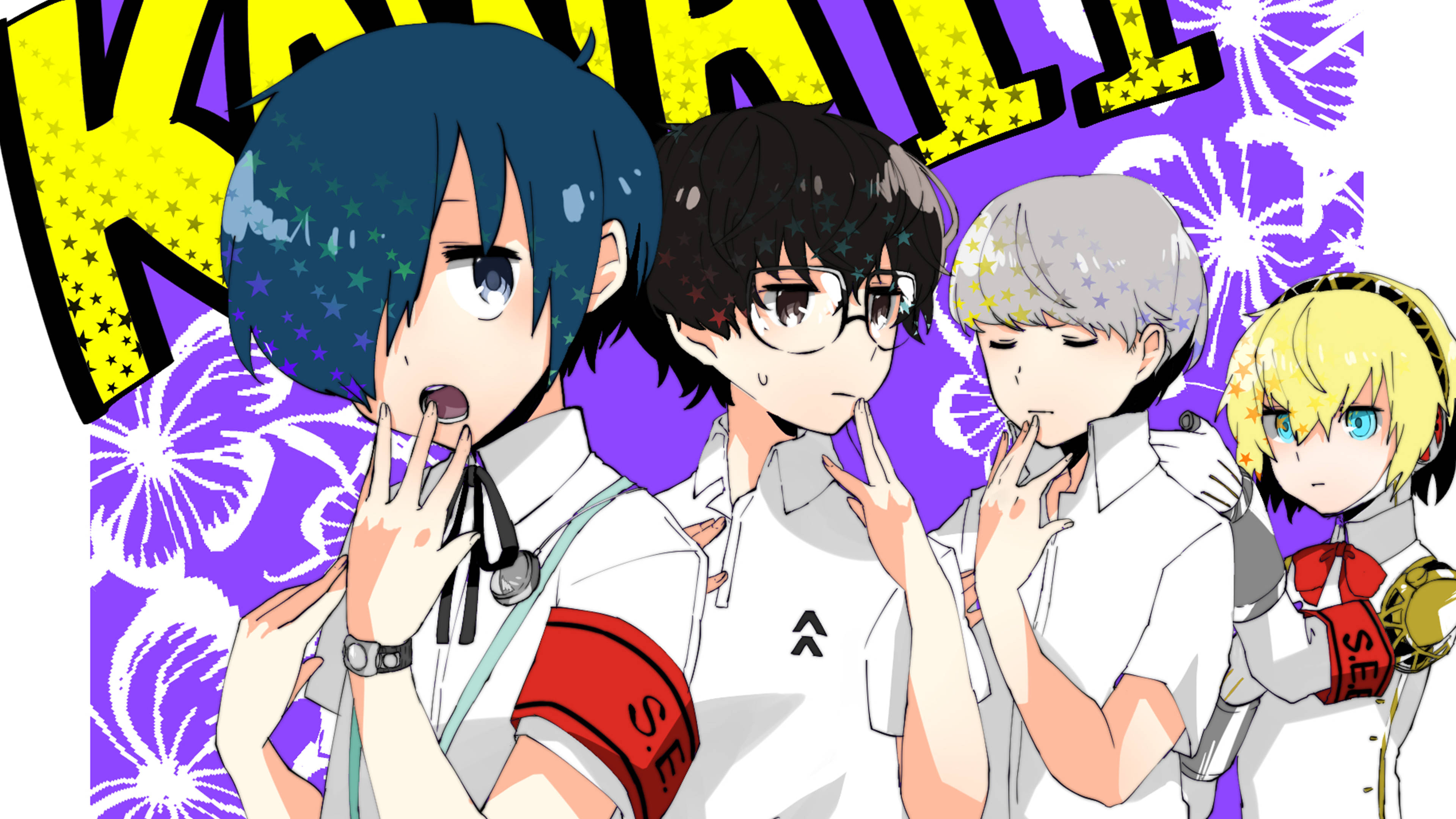ren amamiya 桌布 壁紙 — 四個身穿白色制服的動漫角色在充滿活力的紫色背景上，帶有粗體黃色文字，將手放近嘴邊擺姿勢。