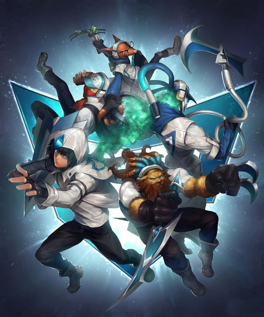 Android League Of Legends 桌布 壁紙 — 四個身穿白色和藍色裝備的動態動漫角色，在宇宙背景下跳過一個發光的星形傳送門。