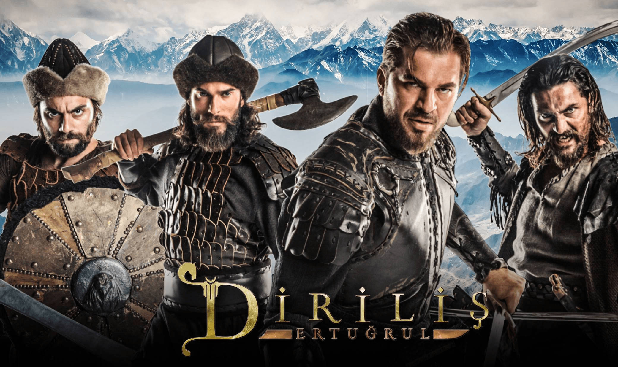 Ertugrul 桌布 壁紙 — 四個身穿盔甲的中世紀兇猛戰士手持武器，以雪山為背景，準備就緒。