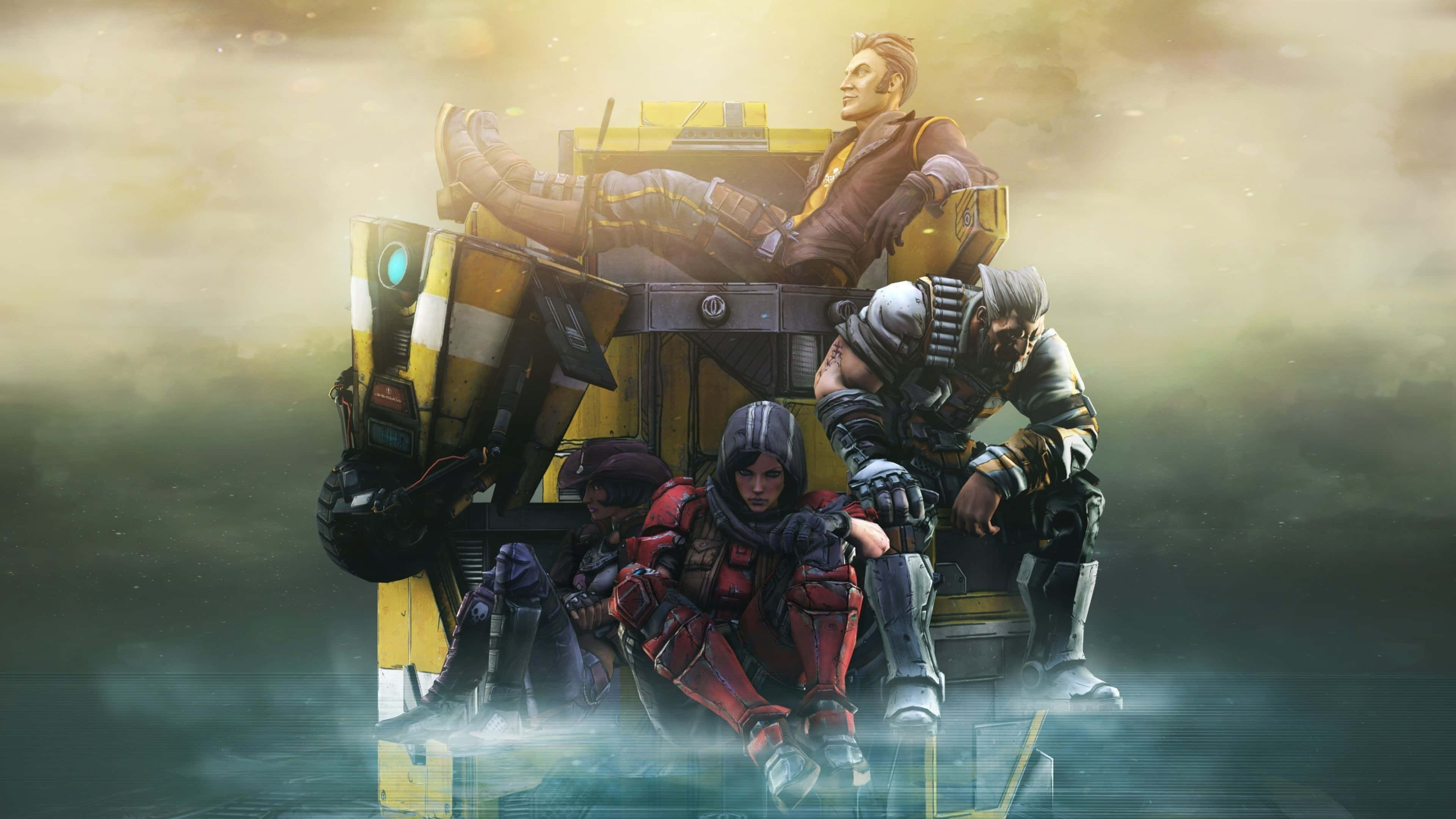 4K Borderlands 3 桌布 壁紙 — 四個身穿盔甲的人物在朦朧的天空下，於霧氣瀰漫、發光的水域中的黃色機械平台上休息。
