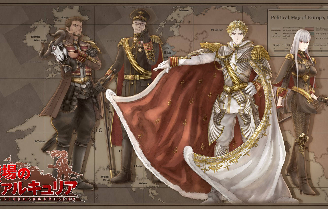 Valkyria Chronicles 桌布 壁紙 — 四個身穿盔甲的動漫角色站在復古歐洲政治地圖前，穿著細節豐富的制服，姿態威嚴。