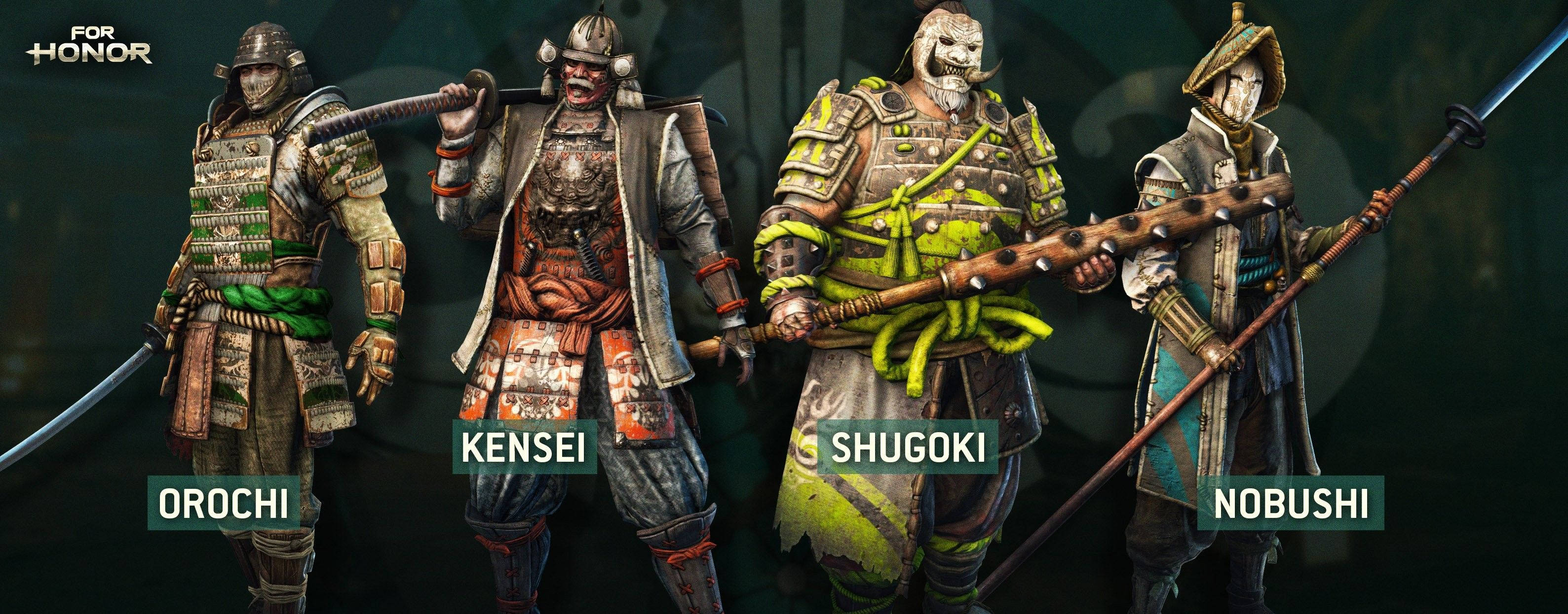 Honor 桌布 壁紙 — 四個身穿盔甲的武士並排站立，每人手持武器，盔甲細節精緻，表情兇猛。