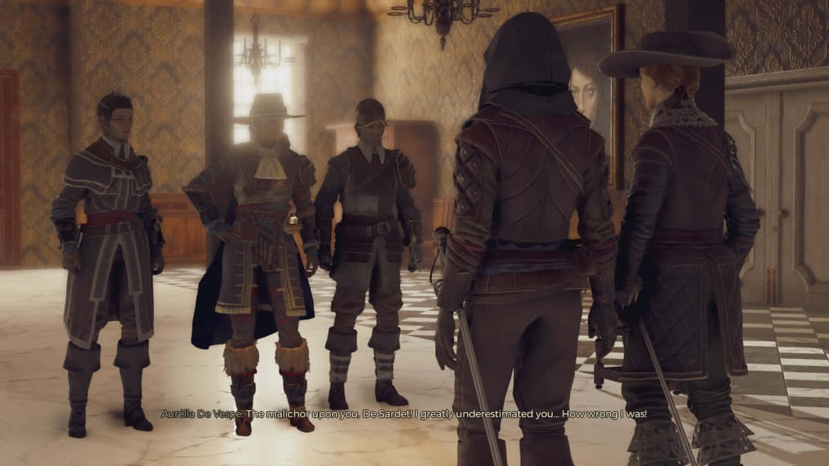 Greedfall 桌布 壁紙 — 四個身穿盔甲的角色在一個華麗宏偉的房間裡，地板是棋盤格圖案，還有吊燈。