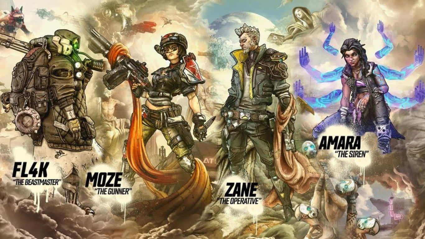 1366x768 Borderlands 3 桌布 壁紙 — 四個身穿盔甲的遊戲角色英勇地站在旋轉的雲層和漂浮的發光眼睛骷髏之間。
