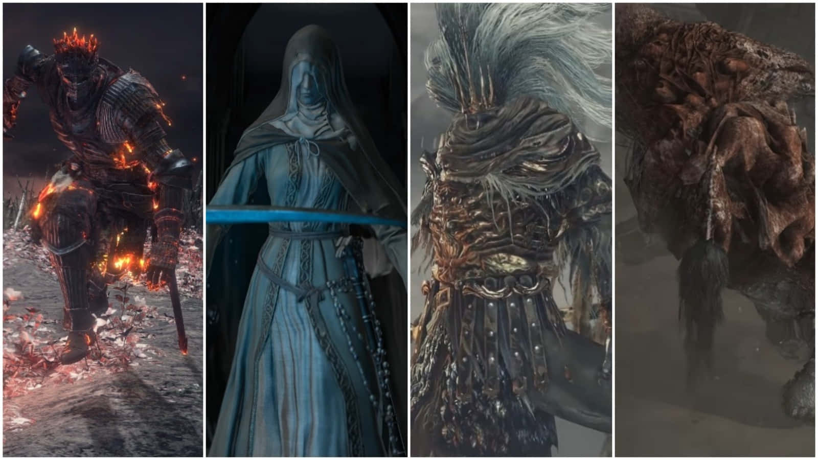 Dark Souls Bosses 桌布 壁紙 — 四個身穿精細盔甲和長袍的黑暗奇幻角色，站在陰森陰暗的環境中，帶有發光效果。