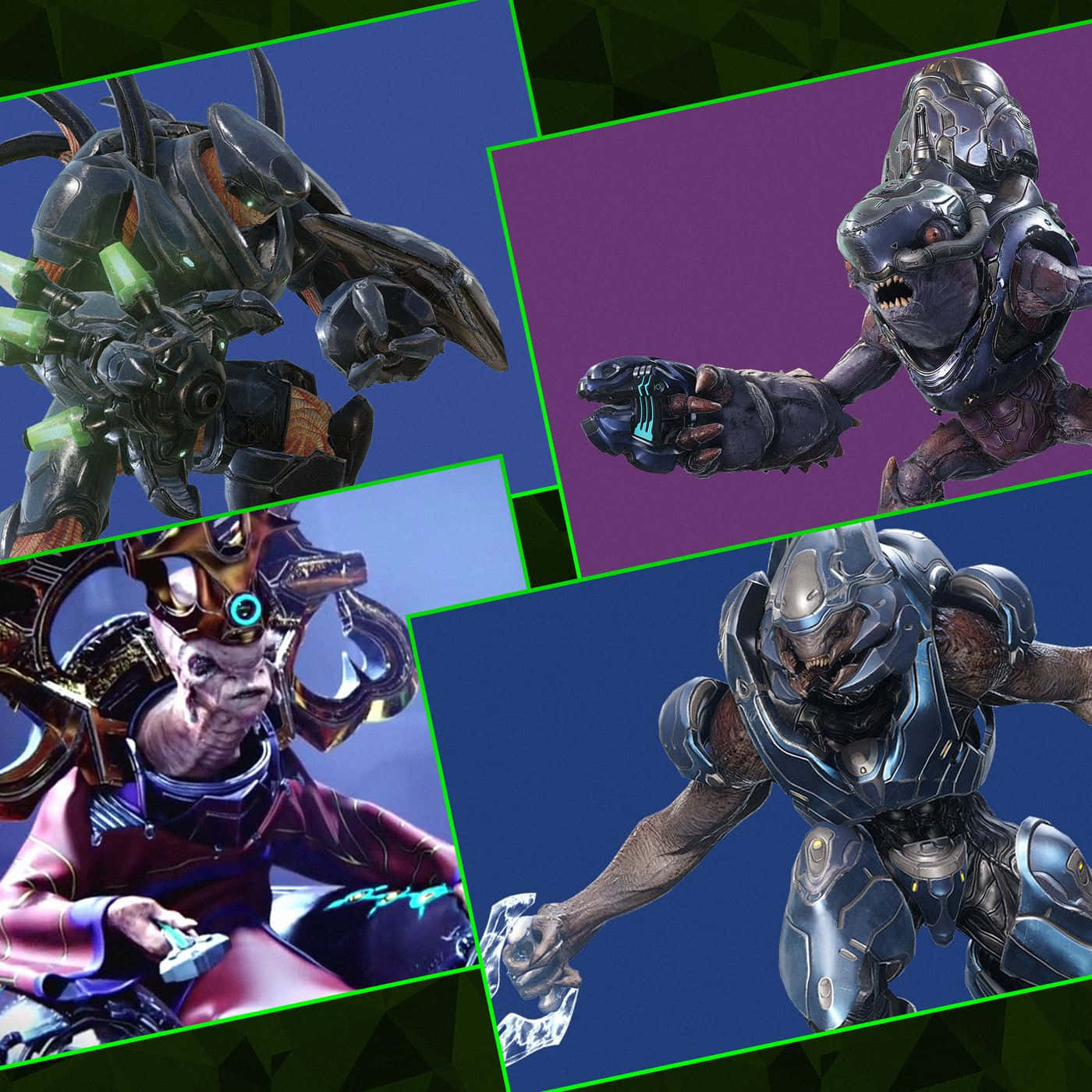 Halo Covenant 桌布 壁紙 — 四個身穿精細盔甲的生化外星戰士在鮮豔彩色背景前擺出侵略性姿勢。