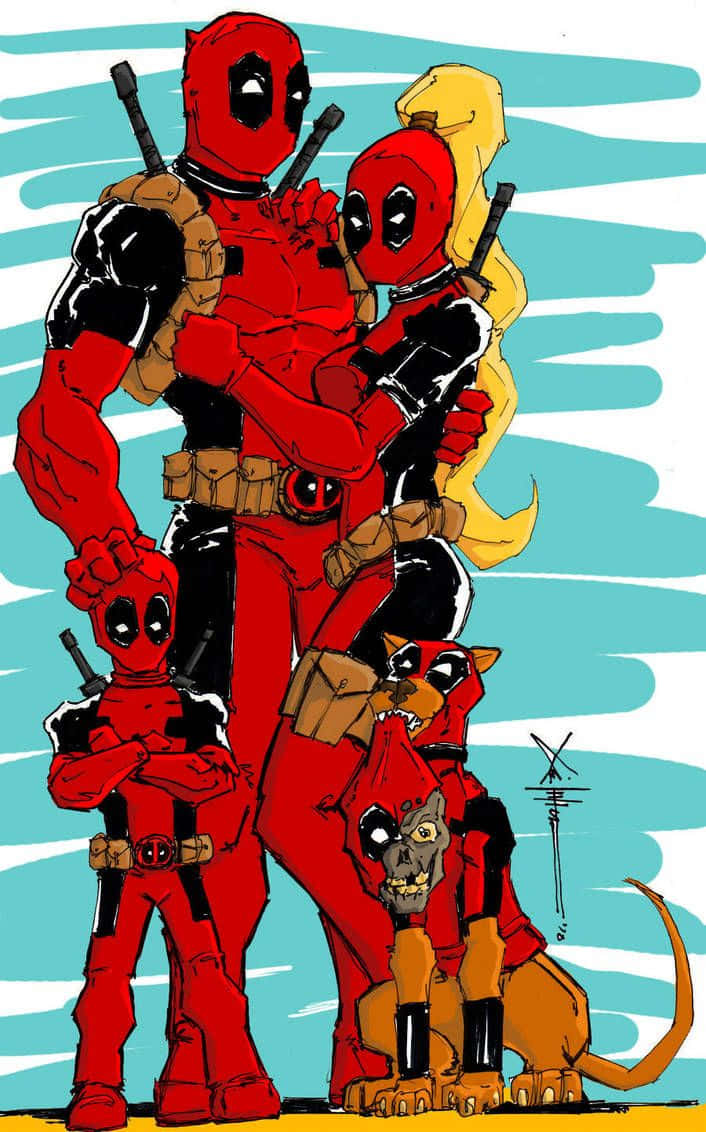 Deadpool And Lady Deadpool 桌布 壁紙 — 四個身穿紅色緊身衣的死侍角色在青綠色和白色條紋背景前一起擺姿勢。