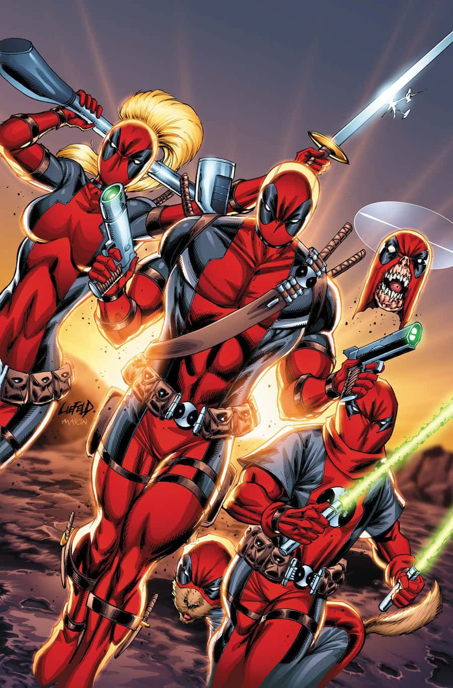 Deadpool And Lady Deadpool 桌布 壁紙 — 四個身穿紅黑戰衣的死侍變體在熾熱的日落沙漠場景中，手持發光武器激烈碰撞。