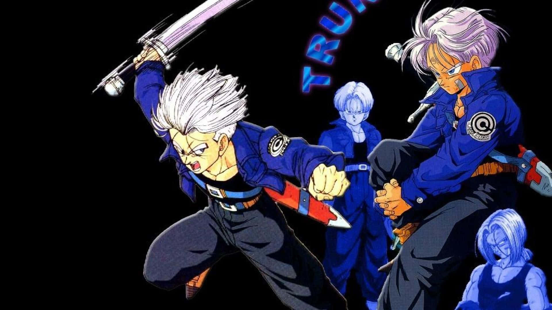 Dragon Ball Z Trunks 桌布 壁紙 — 四個身穿藍色制服的動漫角色在黑色背景上，用劍戰鬥，背景有發光文字。