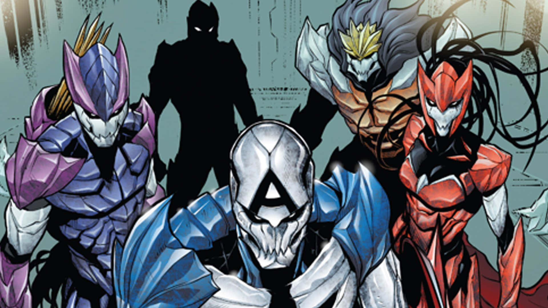 Venomverse 桌布 壁紙 — 四個身穿裝甲、戴著骷髏面具的漫畫反派，以動態姿勢站在粗糙的城市背景下，氣勢洶洶。