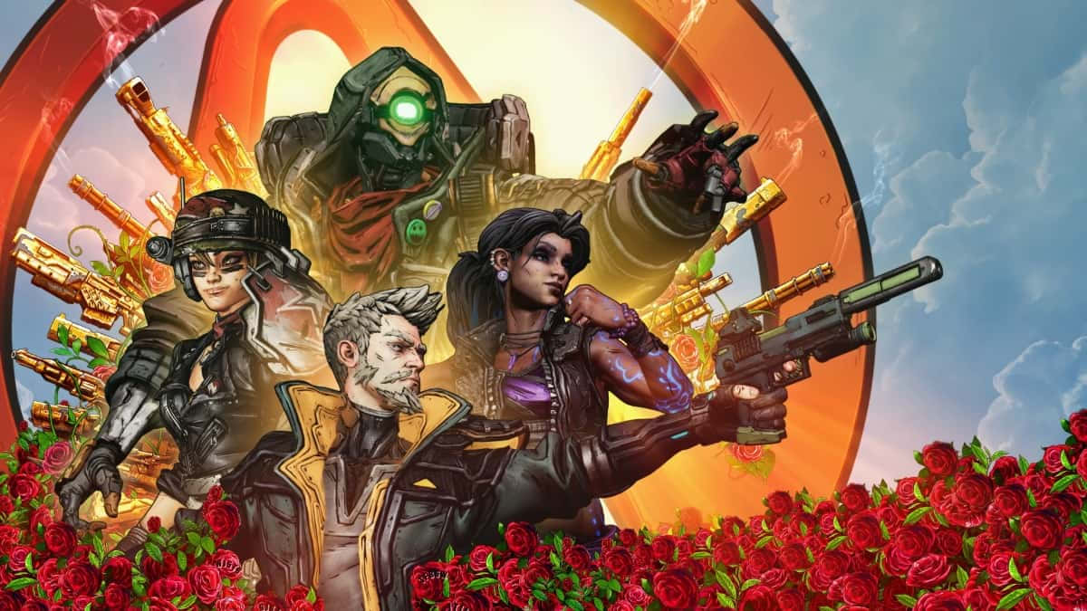 Borderlands Characters 桌布 壁紙 — 四個身穿裝甲、手持未來武器的角色站在一片紅玫瑰花田中，上方有一個發光的橙色傳送門。