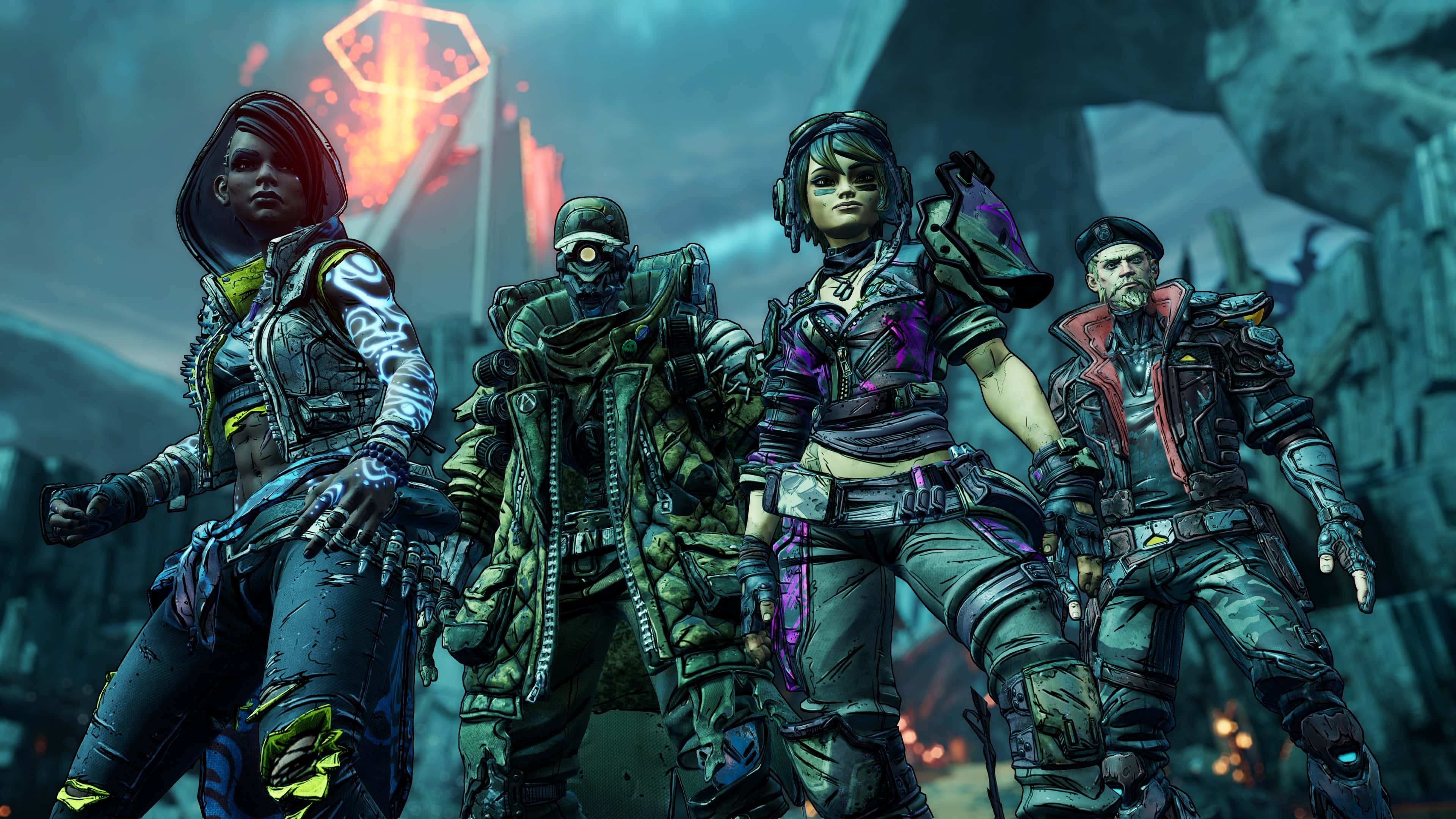 4K Borderlands 3 桌布 壁紙 — 四個身穿裝甲的未來角色站在霓虹燈照亮的科幻廢墟中，背景有發光的六邊形結構。