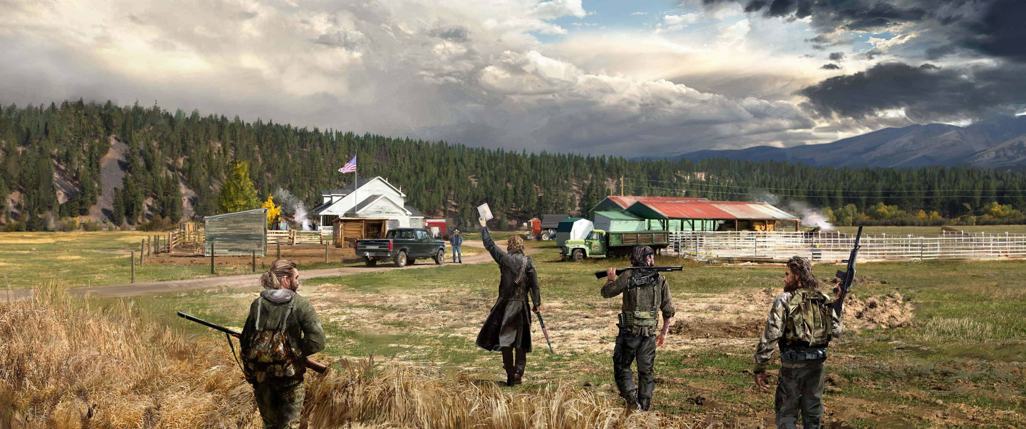 3440x1440p Far Cry 5 桌布 壁紙 — 四個身穿迷彩裝備的武裝人物站在田野中，靠近農舍和穀倉，天空風雨欲來。