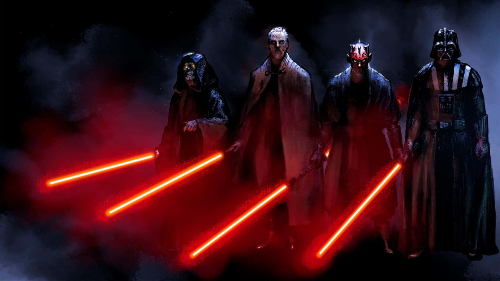 Sith Lord 桌布 壁紙 — 四個身穿連帽長袍和盔甲的黑暗身影，在煙霧瀰漫的黑暗中威風凜凜地站立，每人手持發光的紅色光劍。